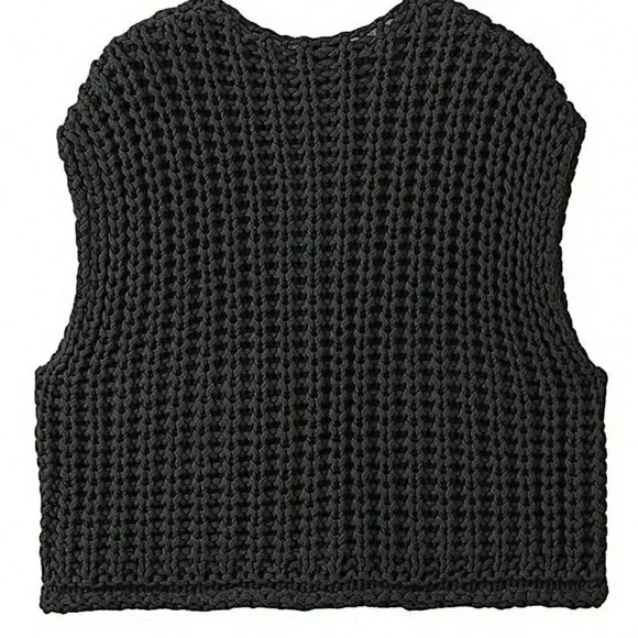 Black Casual Women's Loose Knit Vest With Double Pockets - Picture 2 of 5